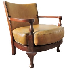 Antique Mustard Yellow Leather and Wood Tub Chair