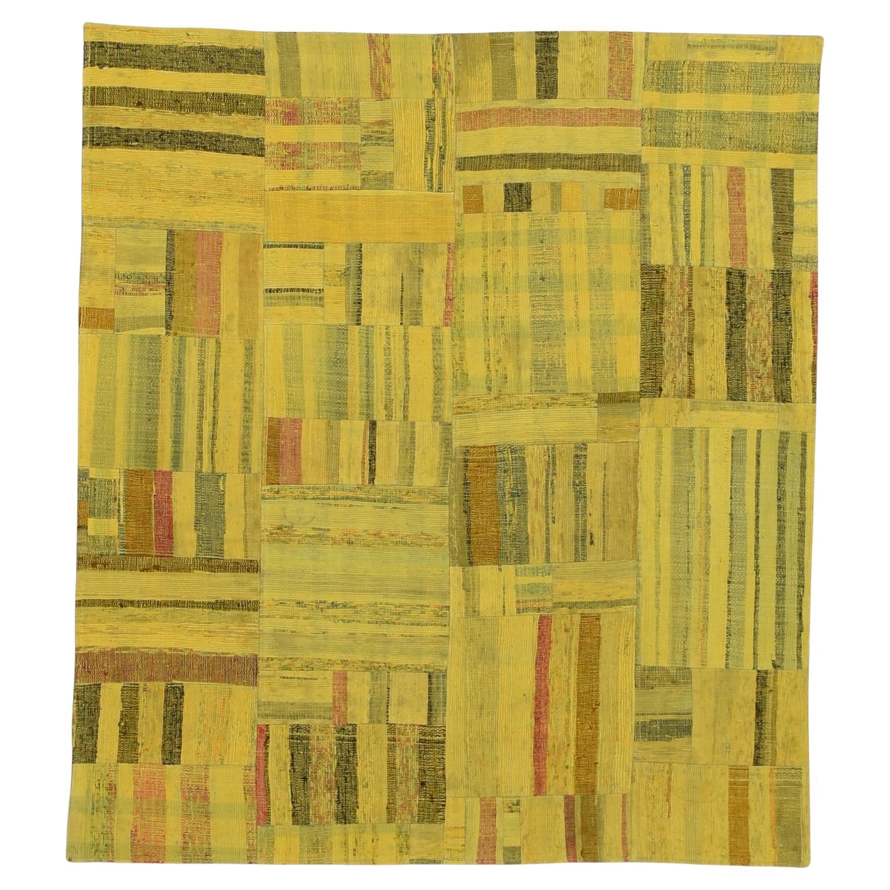 Tappeto vintage in cotone a righe verticali e orizzontali giallo senape 5'4''x6'1'' in vendita