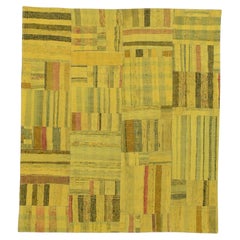 Alfombra vintage de algodón con rayas verticales y horizontales amarillo mostaza 5'4''x6'1''