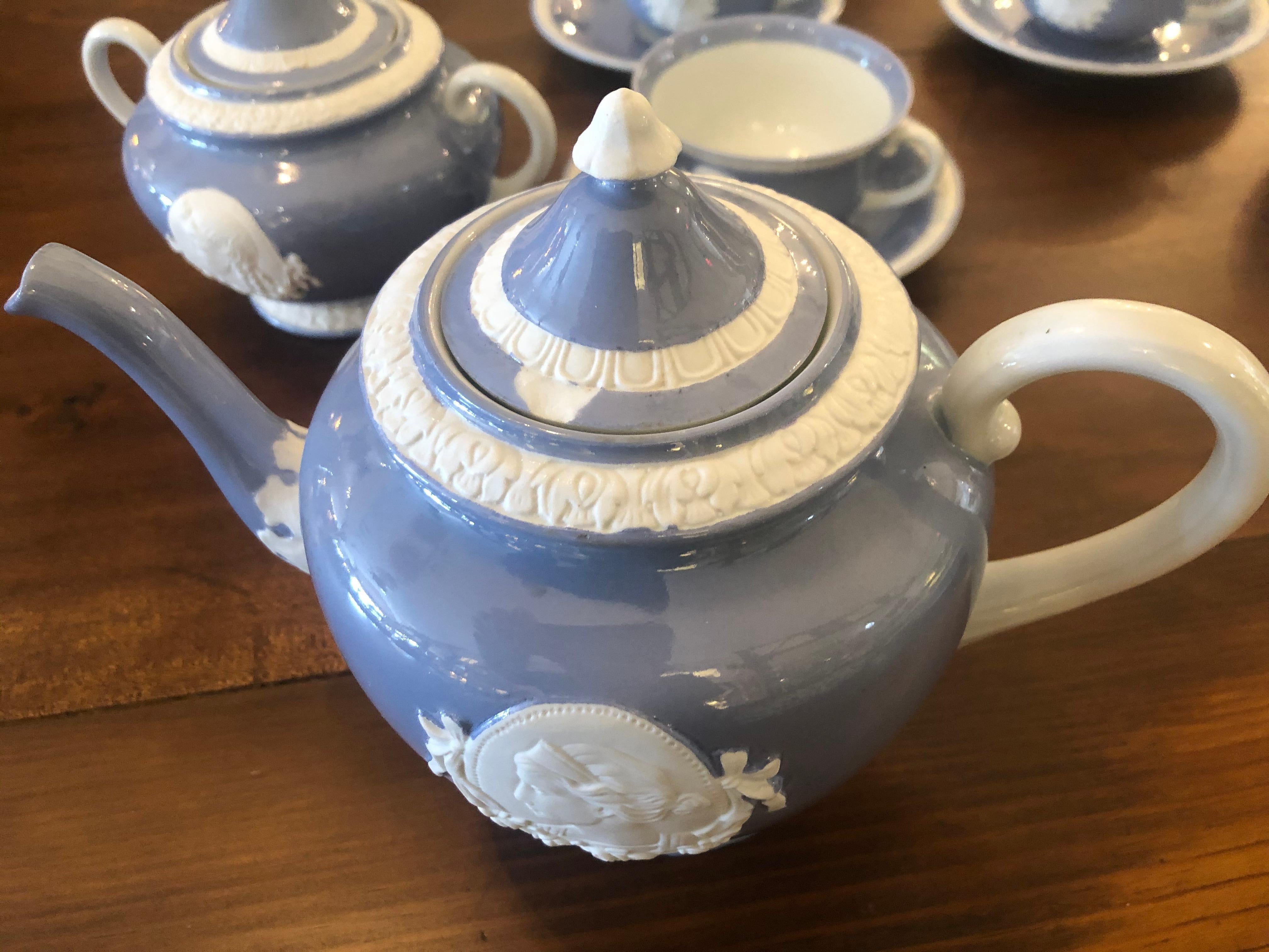Czech Vintage Musterschultz Cameo Tea Set in Powder Blue and White For Sale