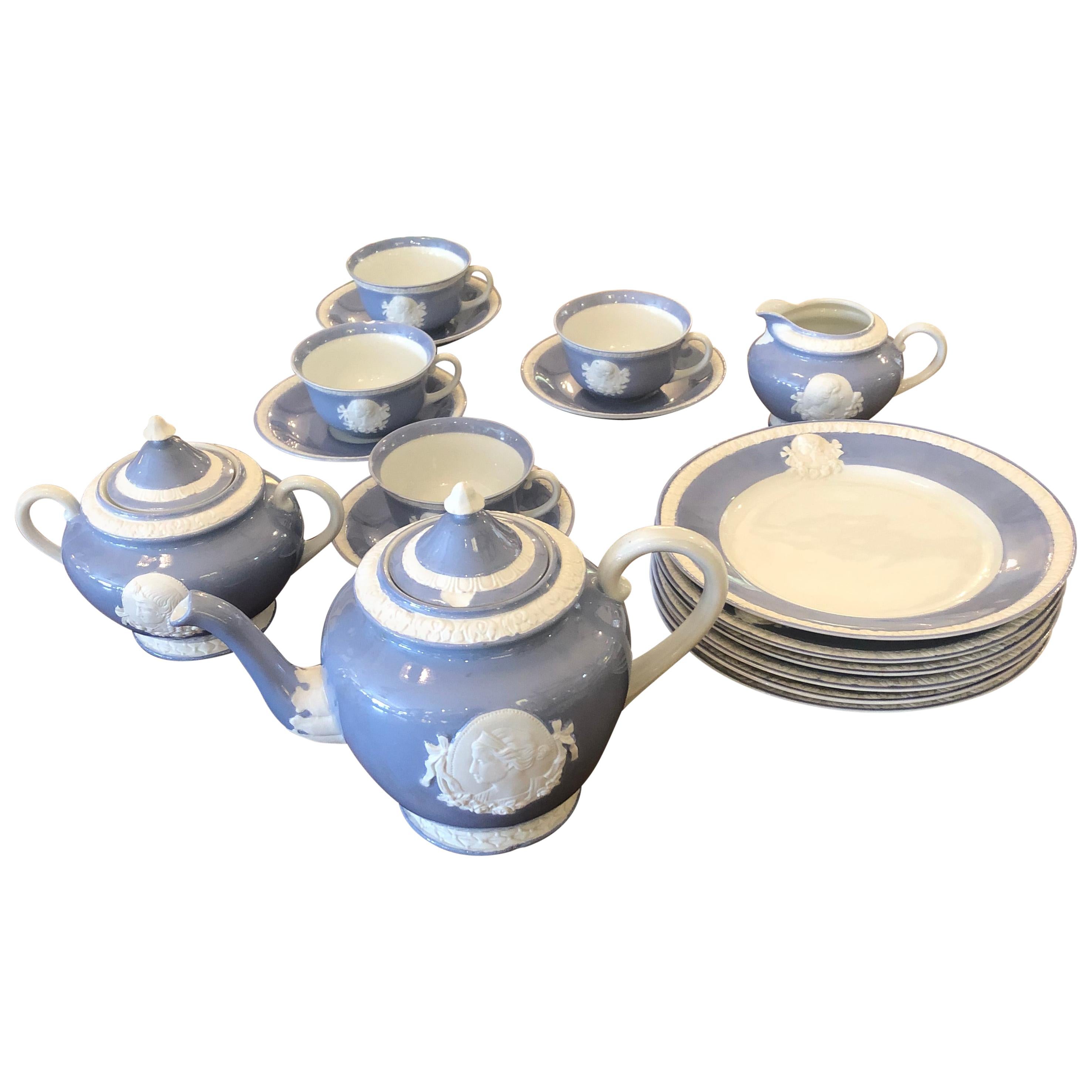 Vintage Musterschultz Cameo Tea Set in Powder Blue and White For Sale