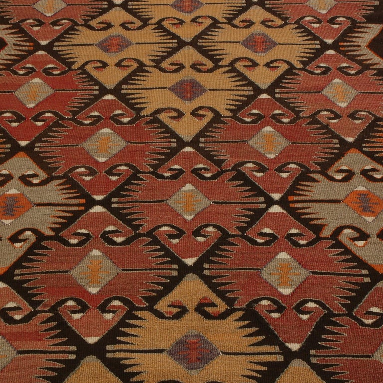 Turkish Vintage Mut Burgundy and Brown Wool Kilim Rug with Blue and Golden-Yellow Accent For Sale