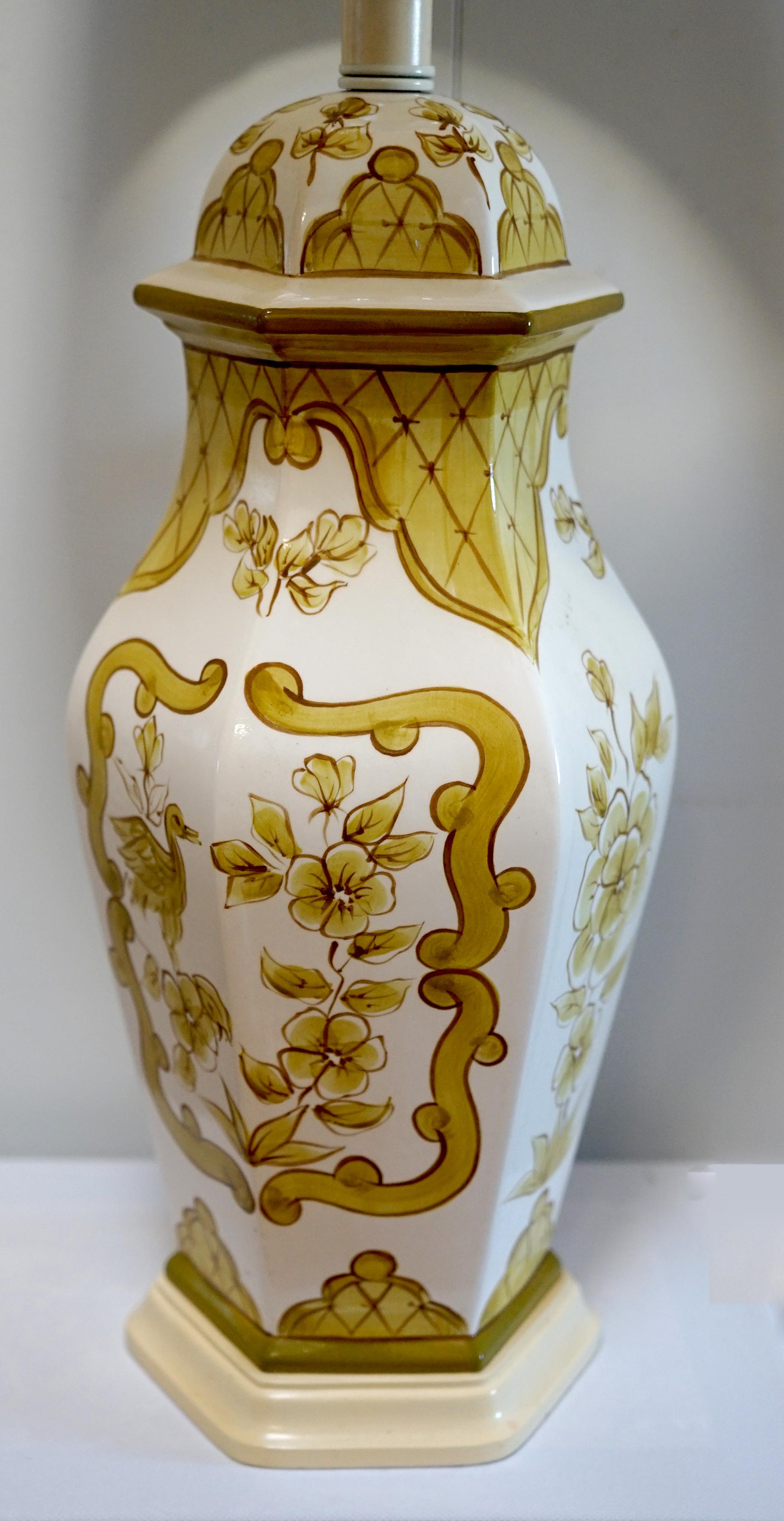 Moorish Vintage Muted Gold and White Hand Painted Hexagonal Shaped Table Lamp For Sale