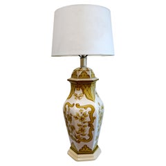 Vintage Muted Gold and White Hand Painted Hexagonal Shaped Table Lamp