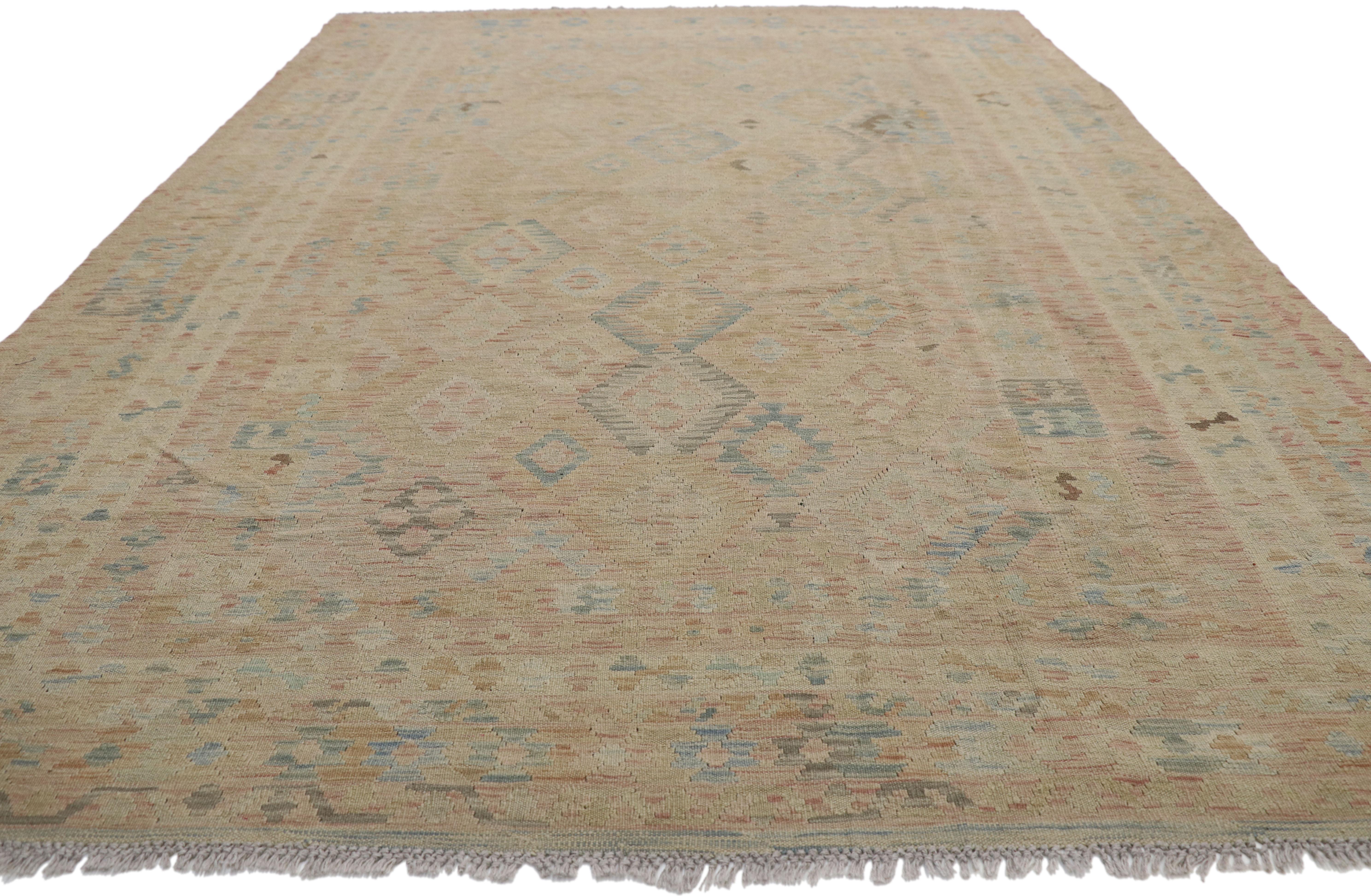 Afghan Vintage Muted Kilim Area Rug with Transitional Farmhouse Cottage Style