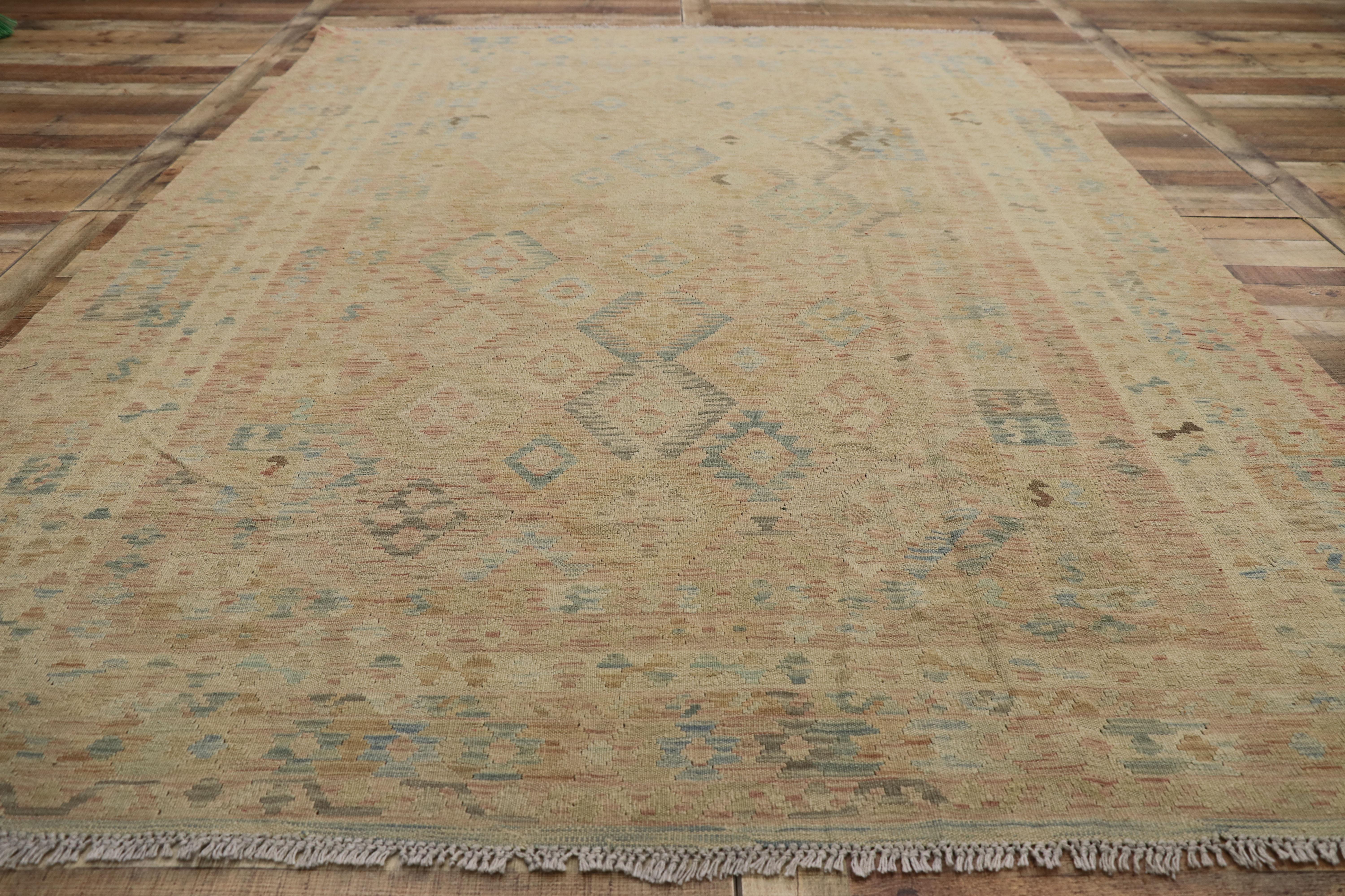 Wool Vintage Muted Kilim Area Rug with Transitional Farmhouse Cottage Style