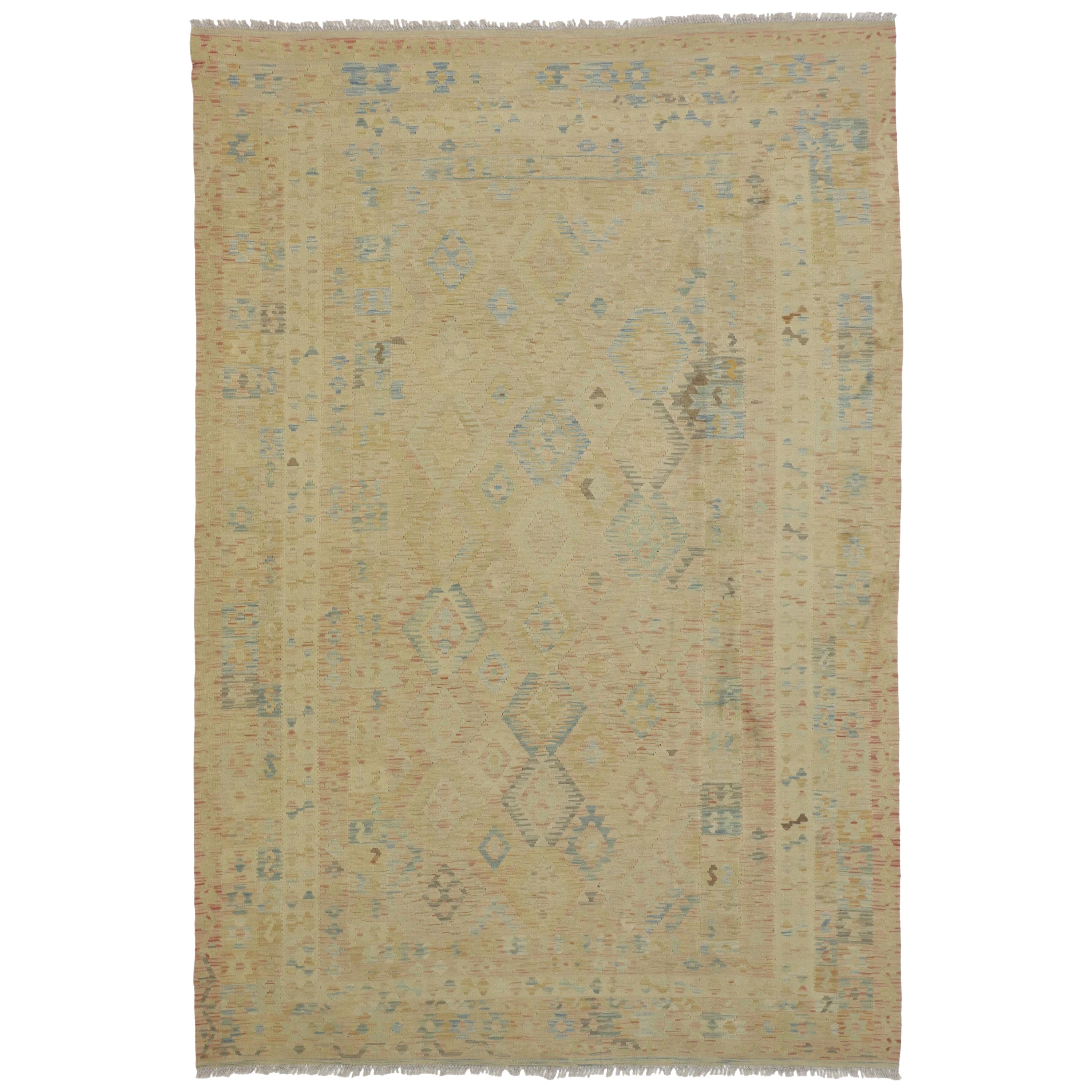 Vintage Muted Kilim Area Rug with Transitional Farmhouse Cottage Style