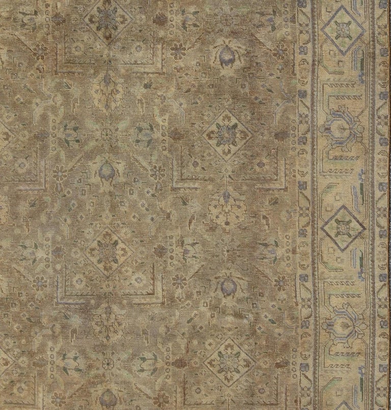 Hand-Knotted Vintage Muted Persian Tabriz Rug in Tans, Taupe, and Brown with All-Over Design