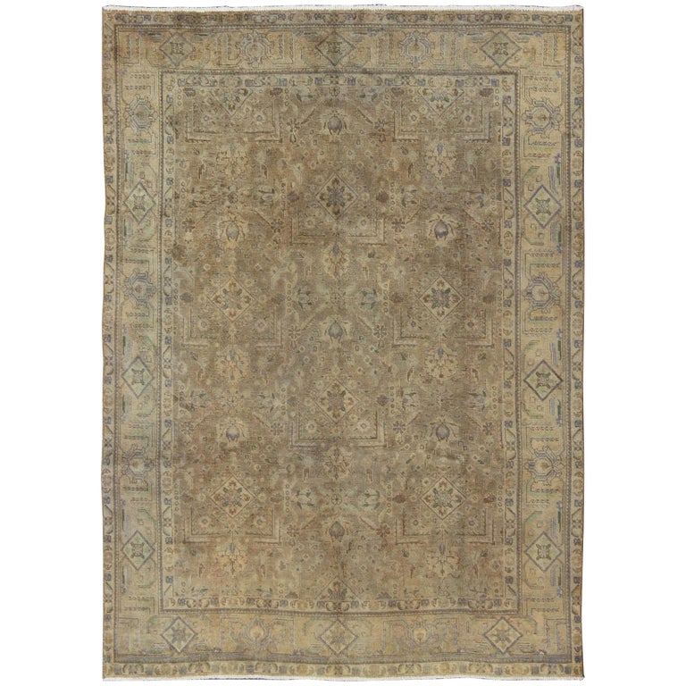 Vintage Muted Persian Tabriz Rug in Tans, Taupe, and Brown with All-Over Design