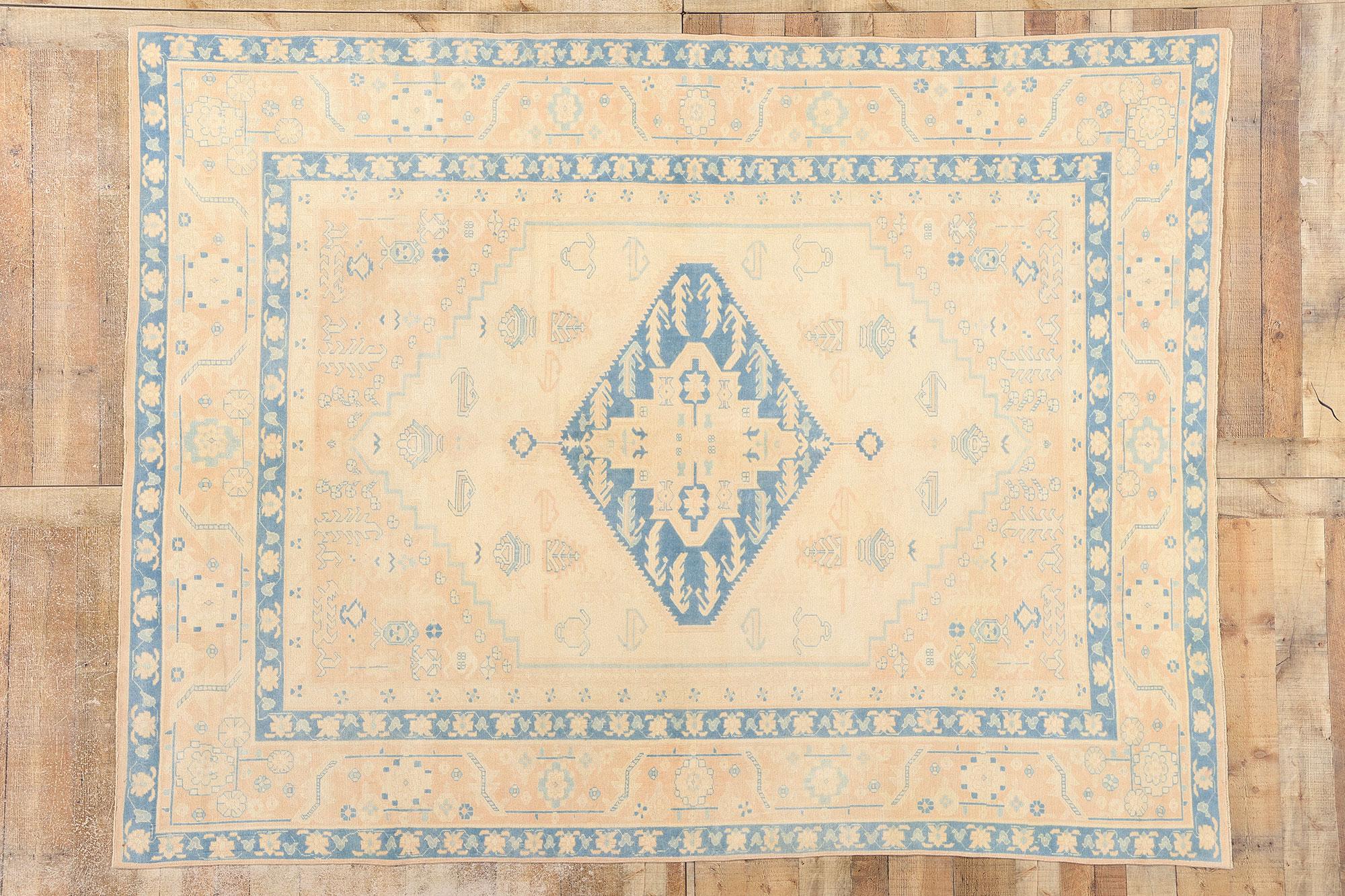 Vintage Sky Blue and Peach Turkish Oushak Carpet For Sale 3