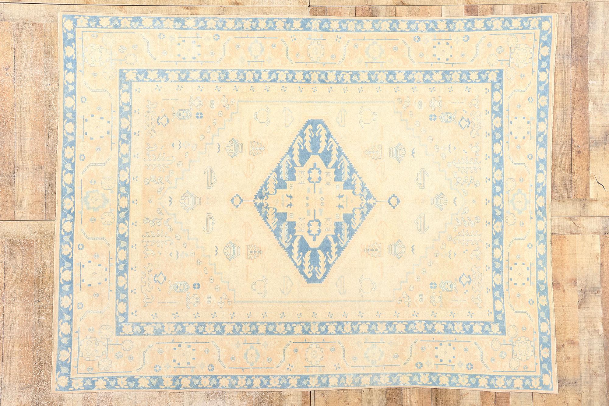 Vintage Sky Blue and Peach Turkish Oushak Carpet For Sale 4