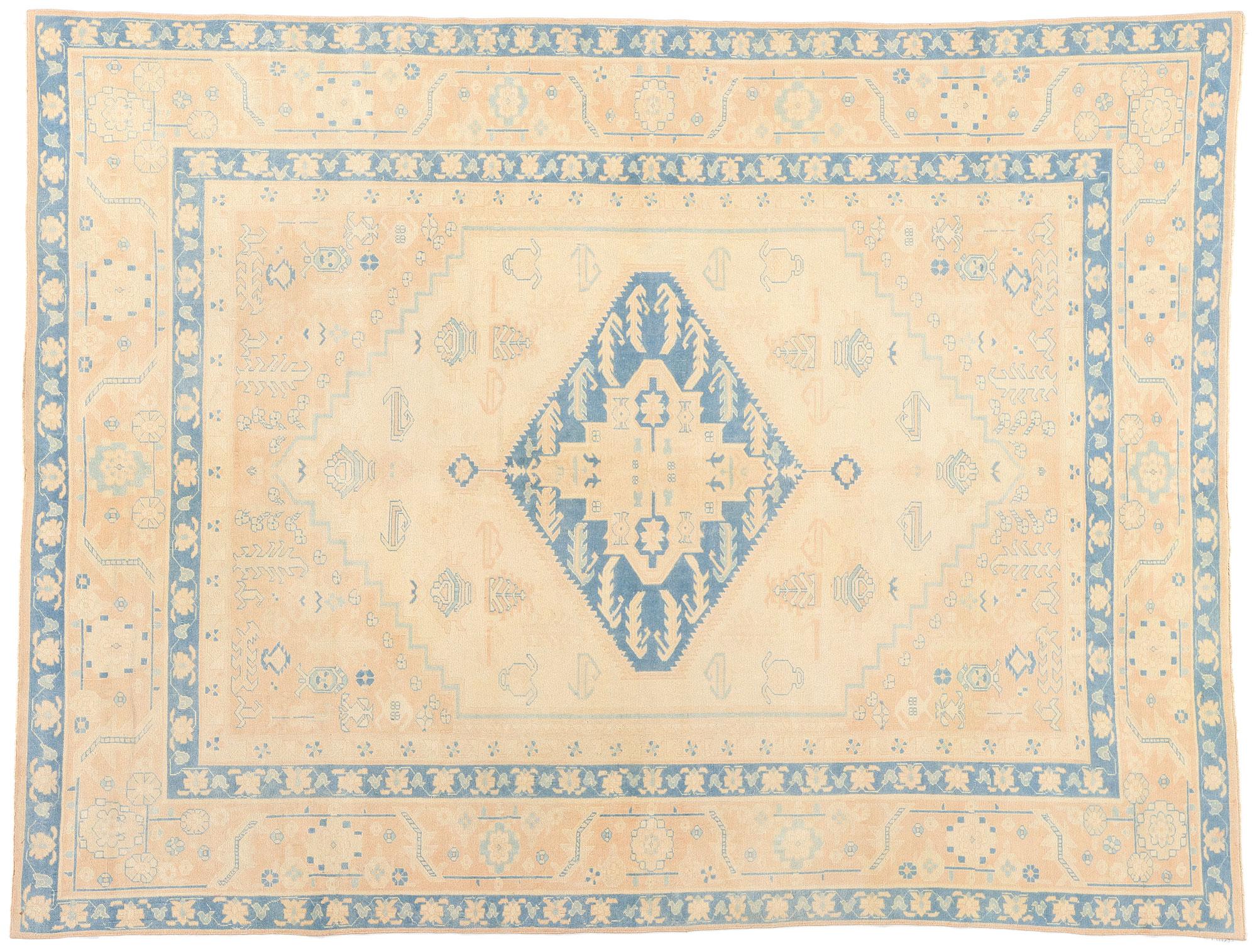 Vintage Sky Blue and Peach Turkish Oushak Carpet For Sale 5