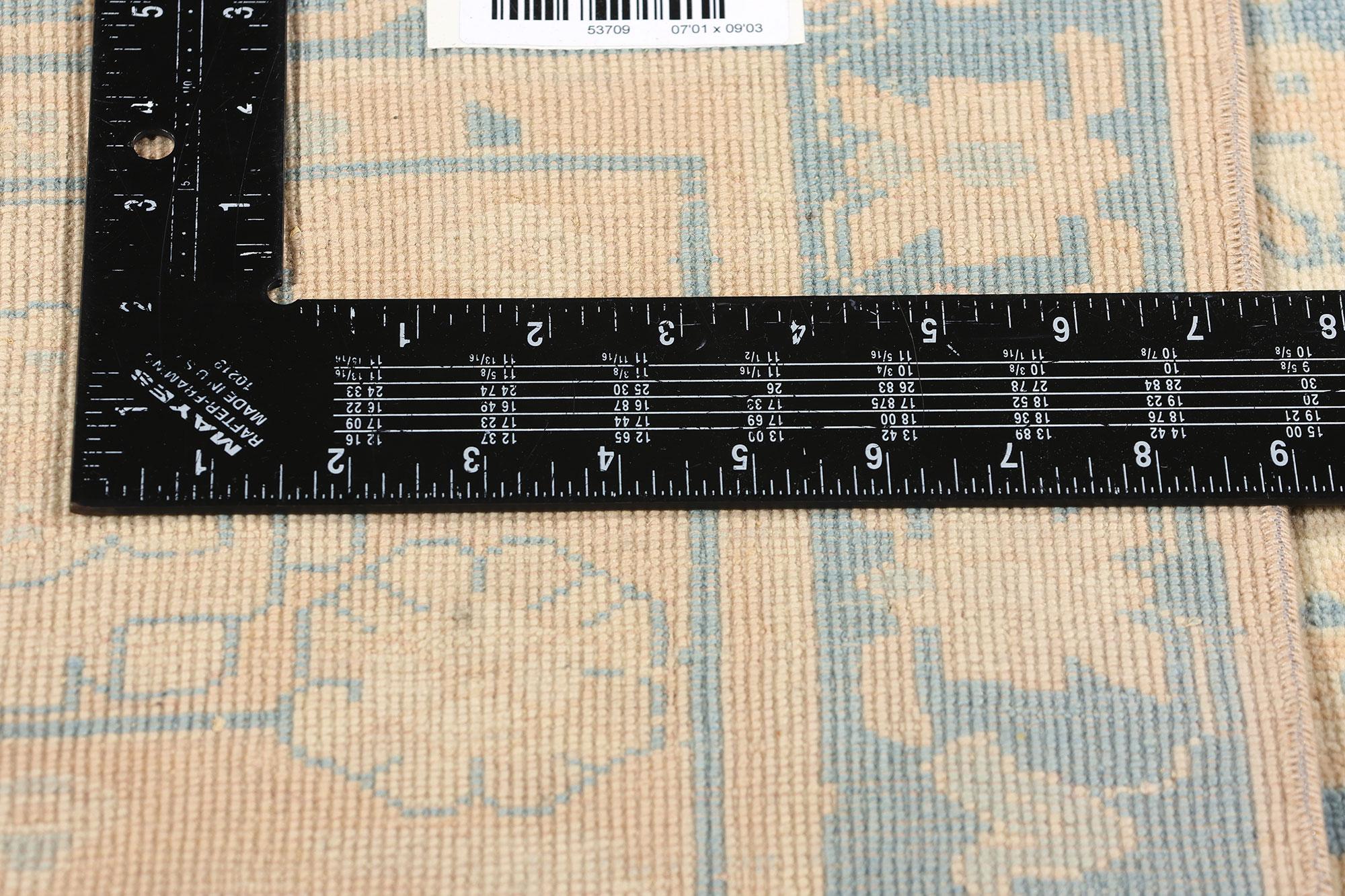 Wool Vintage Sky Blue and Peach Turkish Oushak Carpet For Sale
