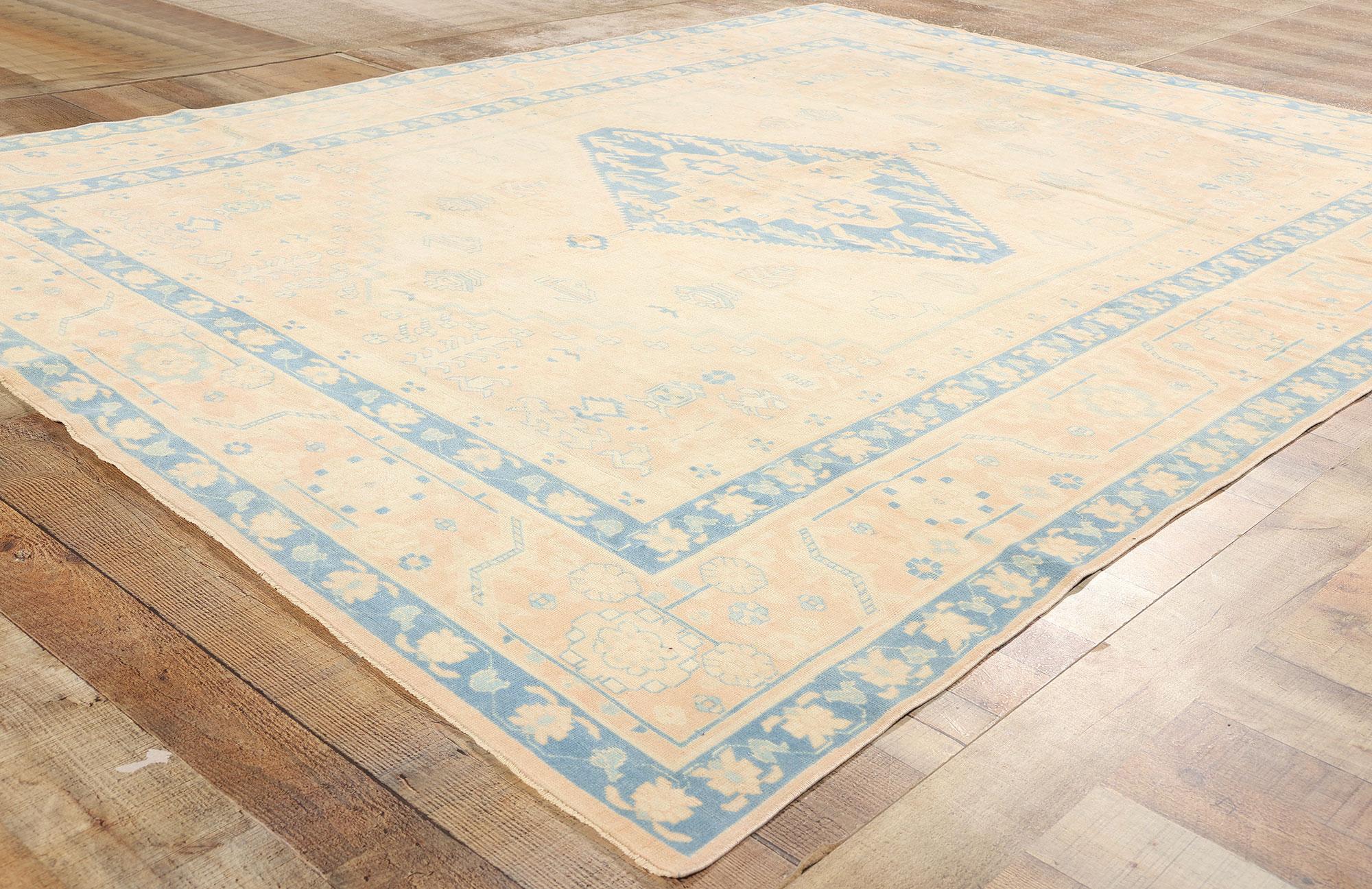 Vintage Sky Blue and Peach Turkish Oushak Carpet For Sale 1