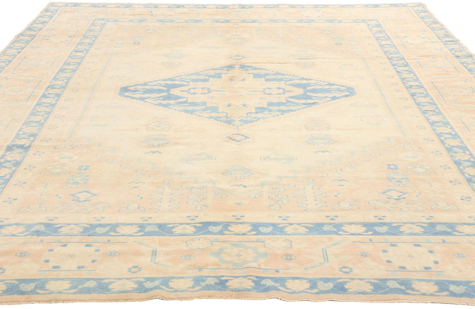 Hand-Knotted Vintage Sky Blue and Peach Turkish Oushak Carpet For Sale