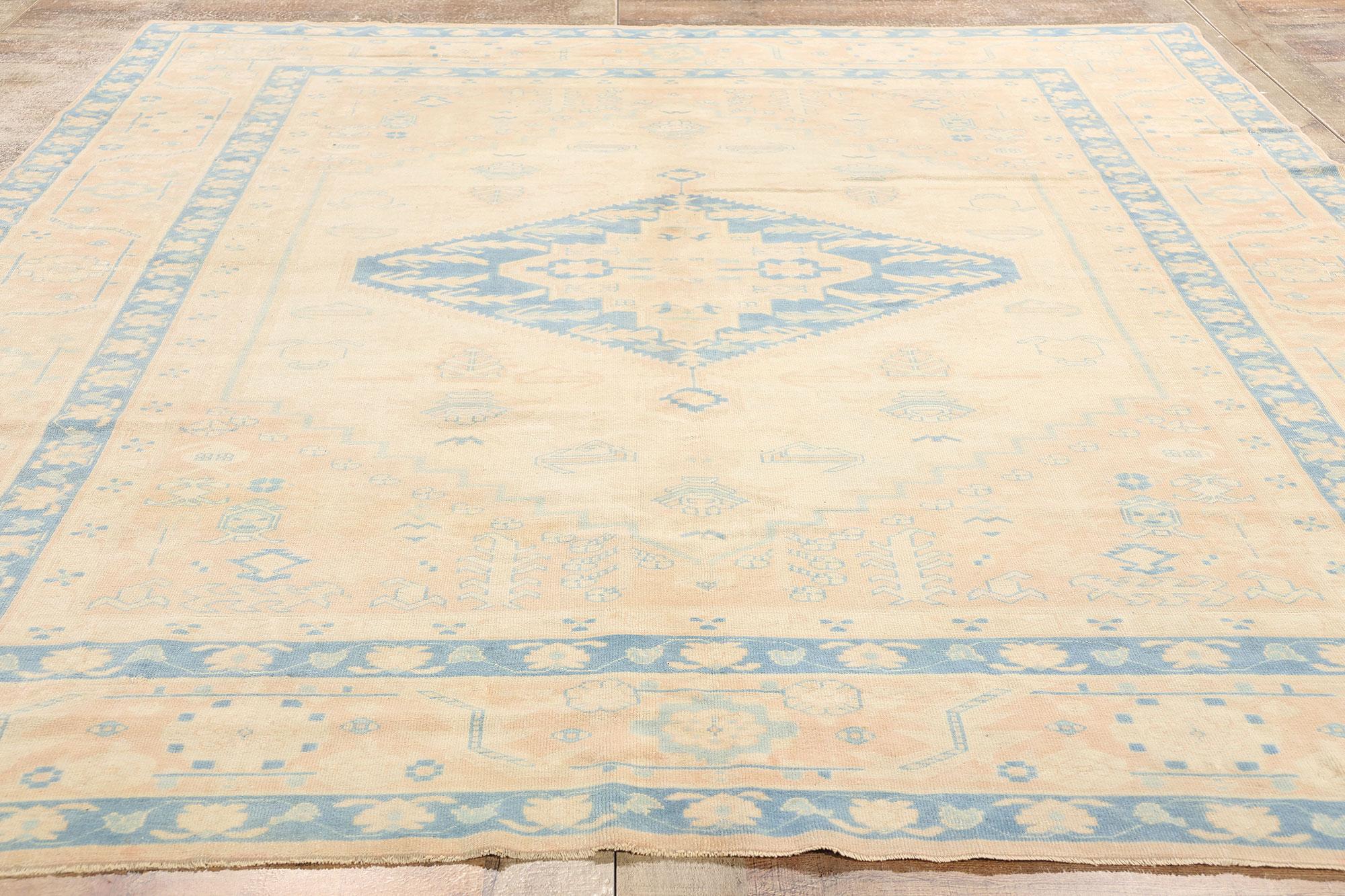 Vintage Sky Blue and Peach Turkish Oushak Carpet For Sale 2