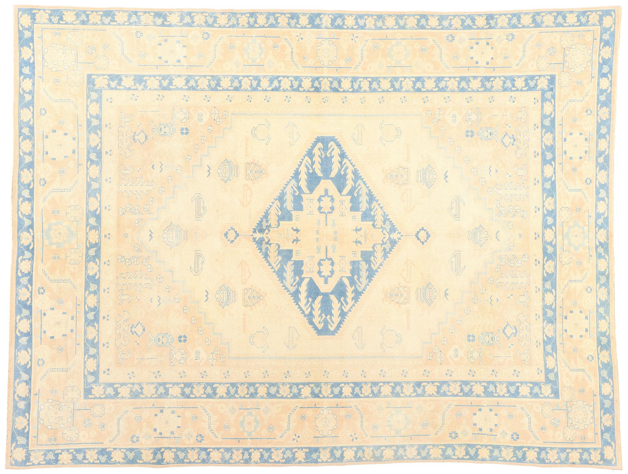 Vintage Sky Blue and Peach Turkish Oushak Carpet For Sale 6