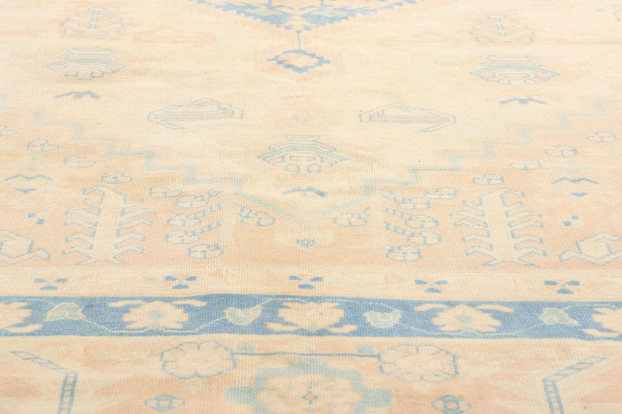 20th Century Vintage Sky Blue and Peach Turkish Oushak Carpet For Sale