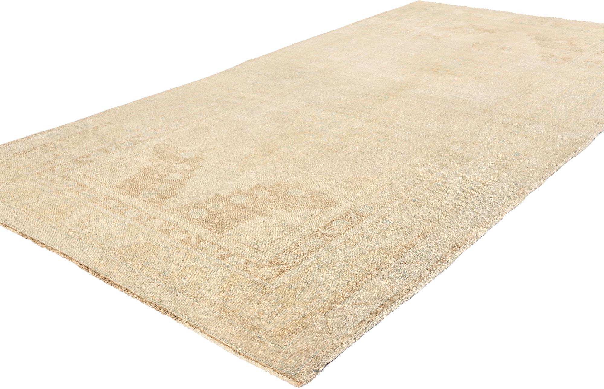 53688 Vintage Muted Turkish Oushak Rug, 04'04 x 08'06. Originating from Turkey's Oushak region, muted antique-washed Turkish Oushak rugs are renowned for their handwoven craftsmanship, boasting subtle patterns and a harmonious fusion of geometric