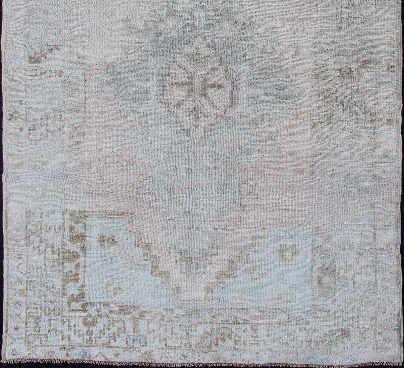Hand-Knotted Vintage Muted Turkish Oushak Rug with Medallion in Soft Muted Colors