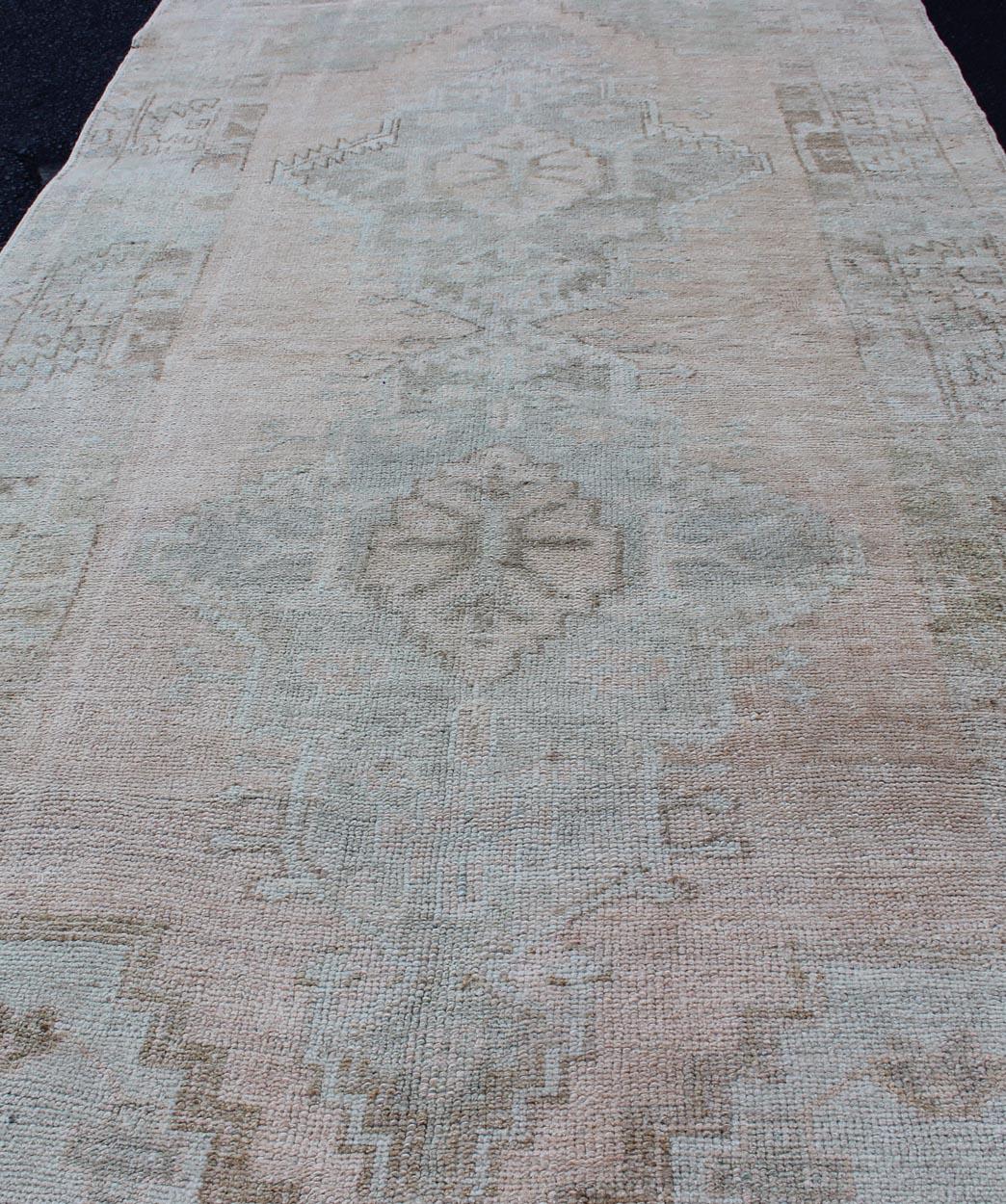 Wool Vintage Muted Turkish Oushak Rug with Medallion in Soft Muted Colors