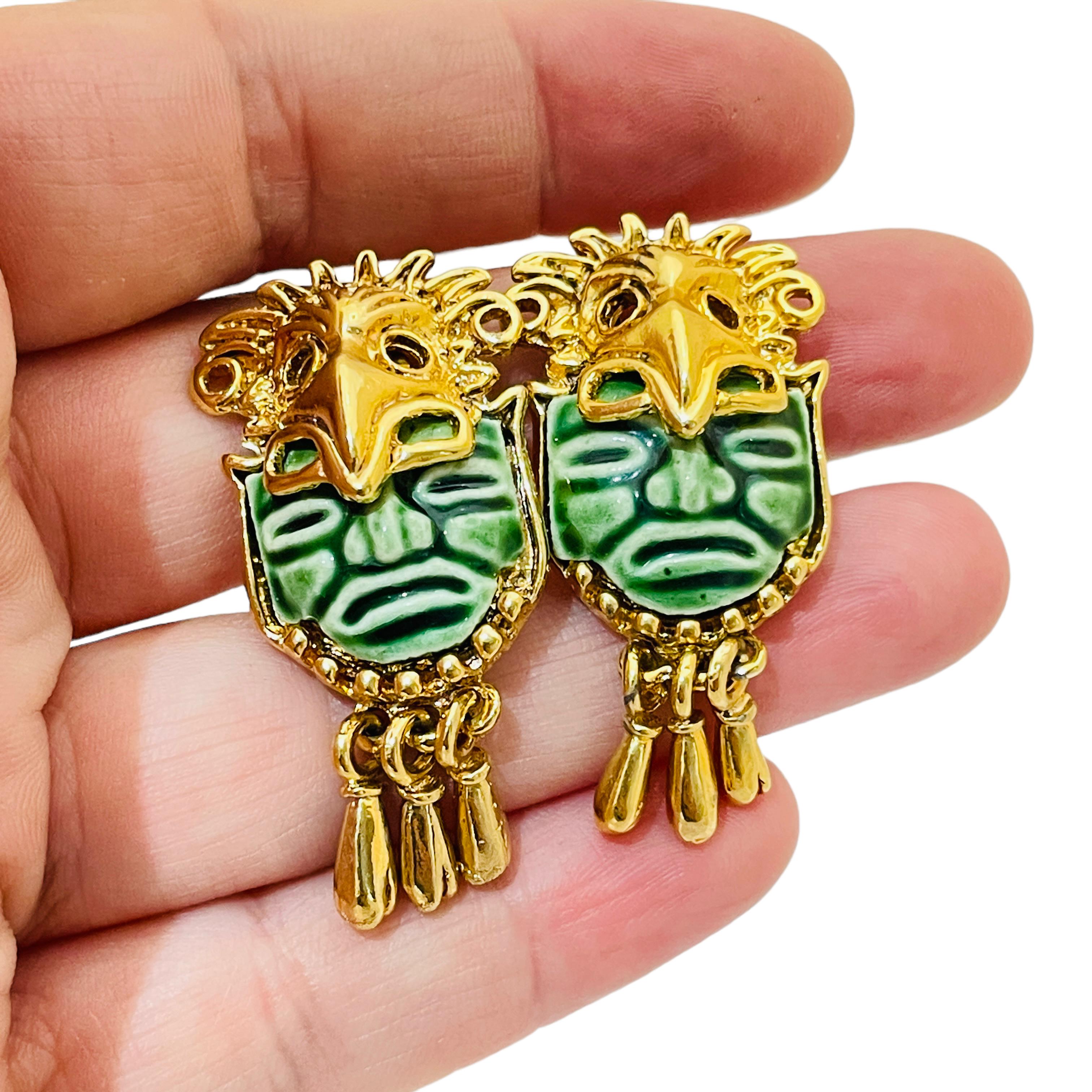 Women's or Men's Vintage MWXICO gold ceramic Aztec designer runway clip on earrings For Sale