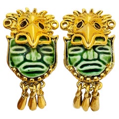 Vintage MWXICO gold ceramic Aztec designer runway clip on earrings