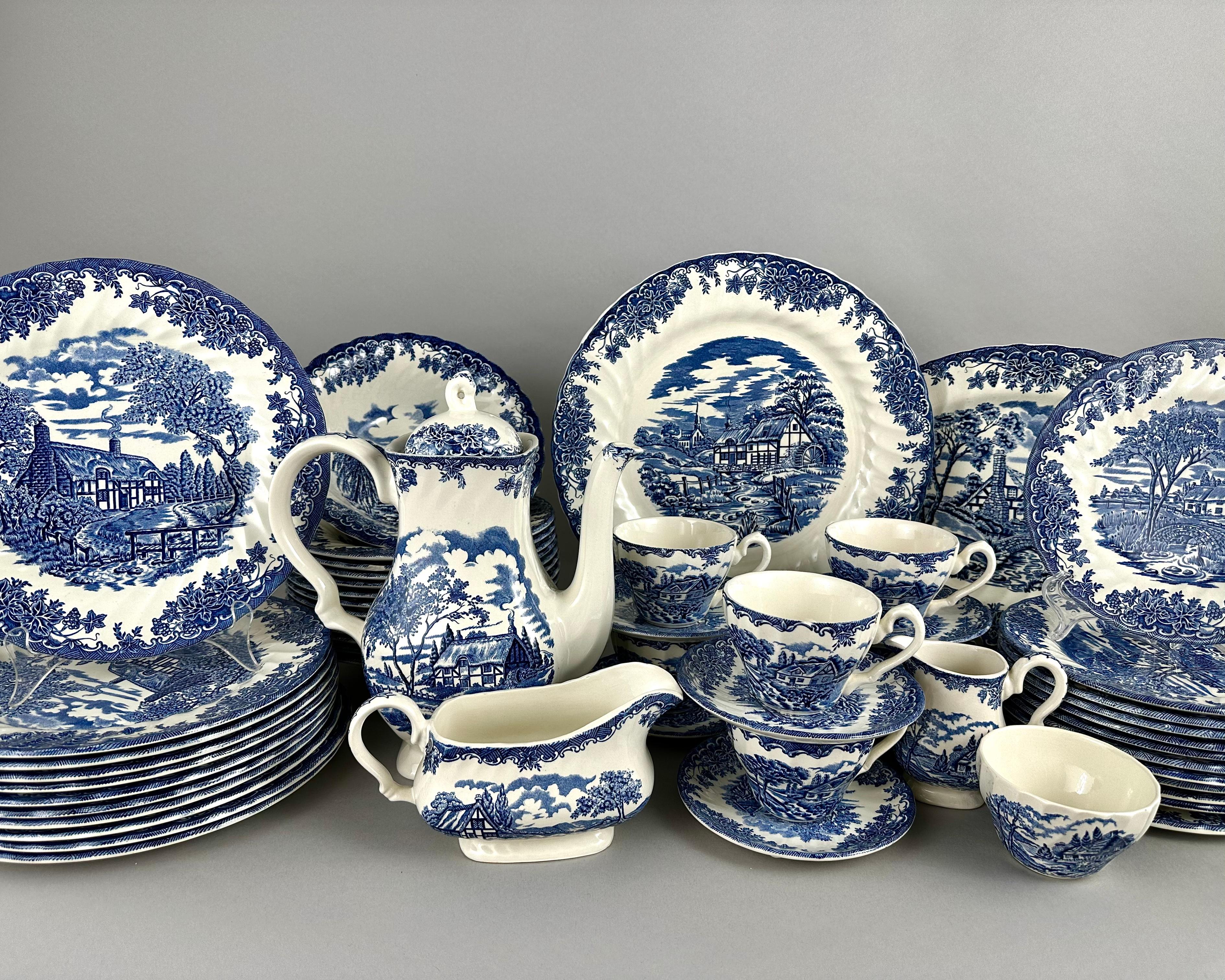 Large vintage English service The Brook of the famous Myotts porcelain factory from Staffordshire.

A very elegant service in blue and white, traditional for Staffordshire dishes.

The items are decorated with rural scenes and each type of plate is