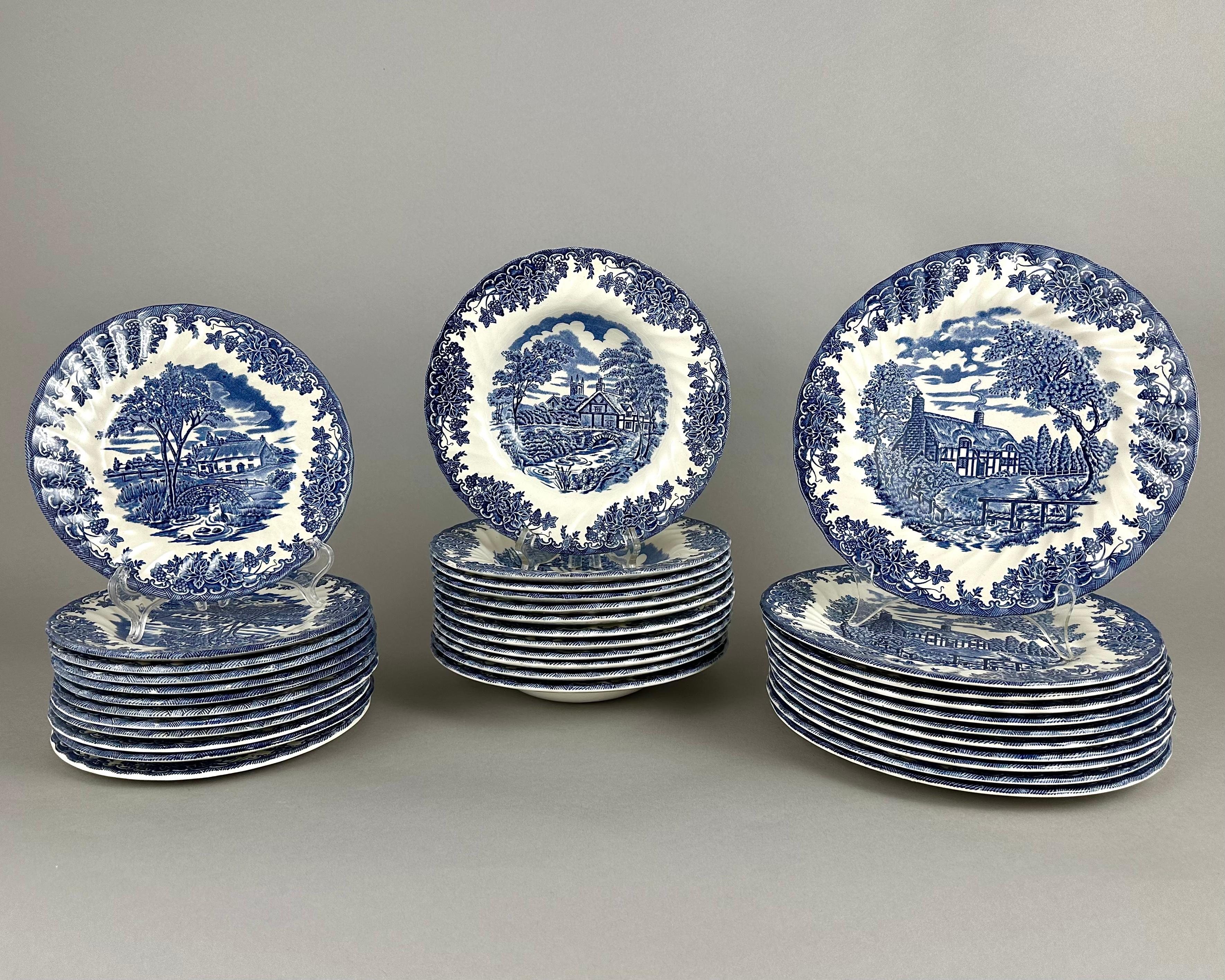 English Vintage Myott The Brook Blue Staffordshire England Tableware Set, 1960s