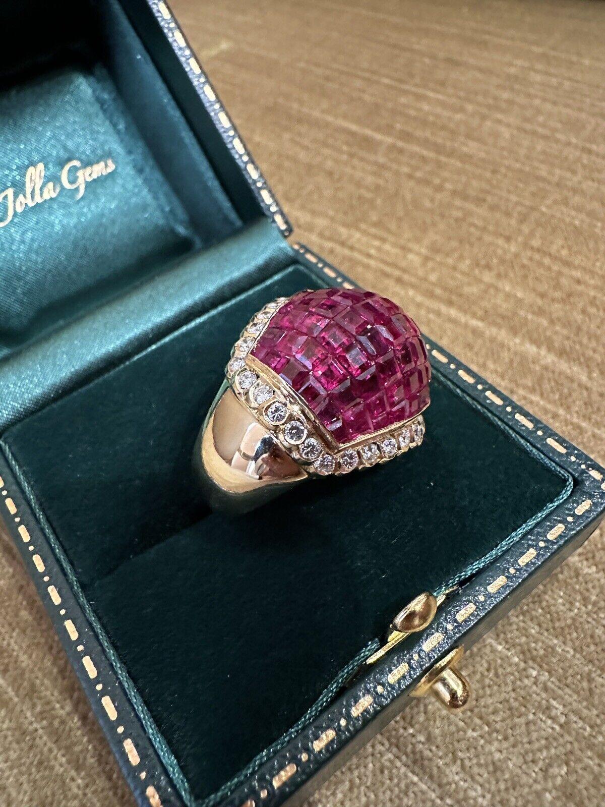Round Cut Vintage Mystery Set Ruby & Diamond Bombe Dome Ring in 18k Yellow Gold For Sale
