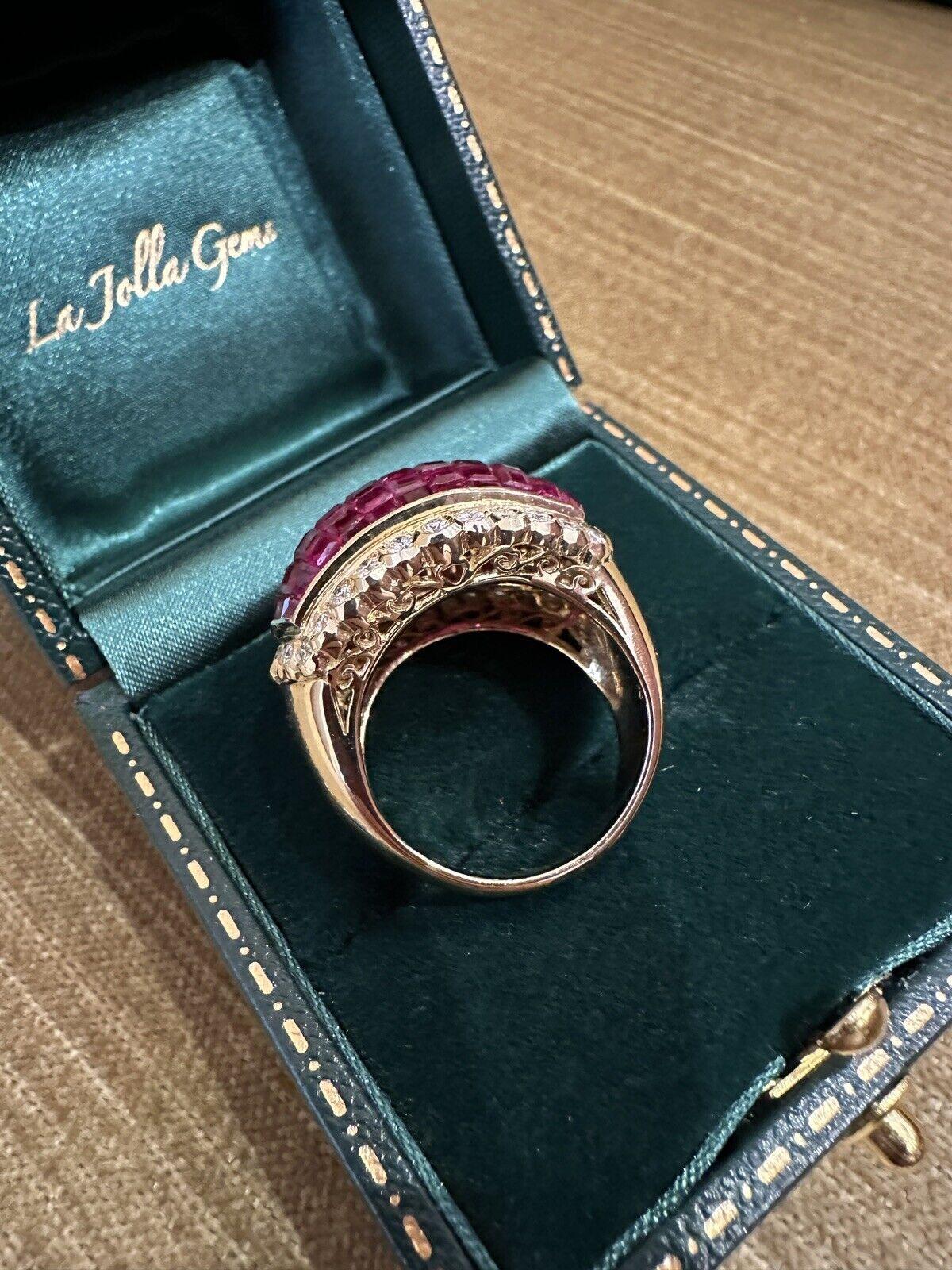 Vintage Mystery Set Ruby & Diamond Bombe Dome Ring in 18k Yellow Gold In Excellent Condition For Sale In La Jolla, CA