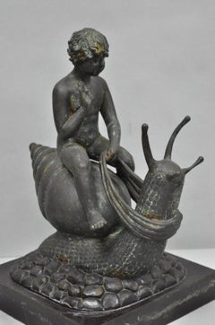 Vintage Mythical Bronze Cherub Riding Snail Sculpture Figure attr Maitland Smith