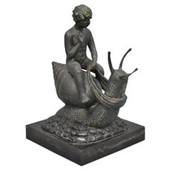 Vintage Mythical Bronze Cherub Riding Snail Sculpture Figure attr Maitland Smith