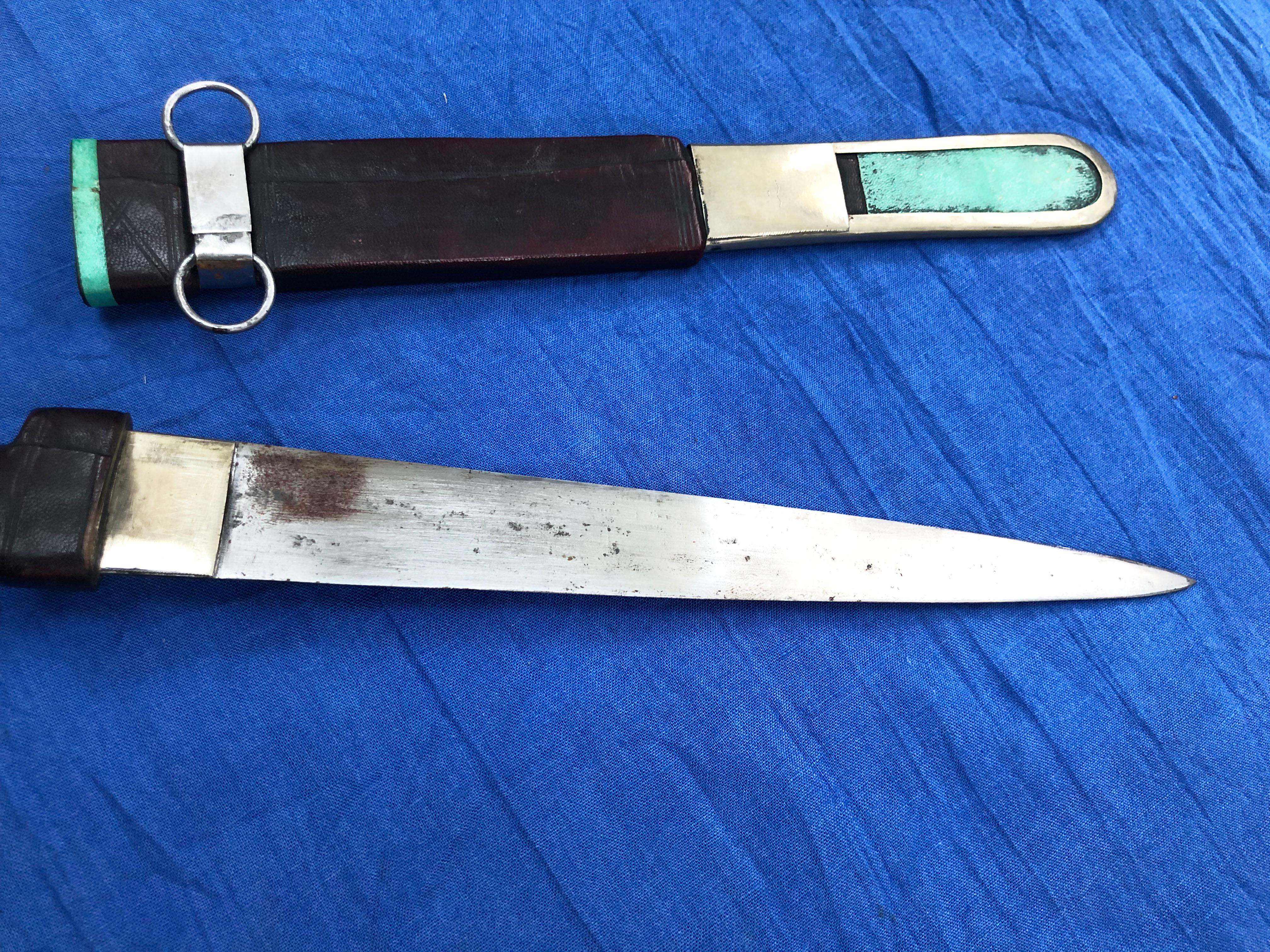 Large Vintage Moroccan Tuareg Dagger - Handmade Etched Silver, Stamped Leather For Sale 2