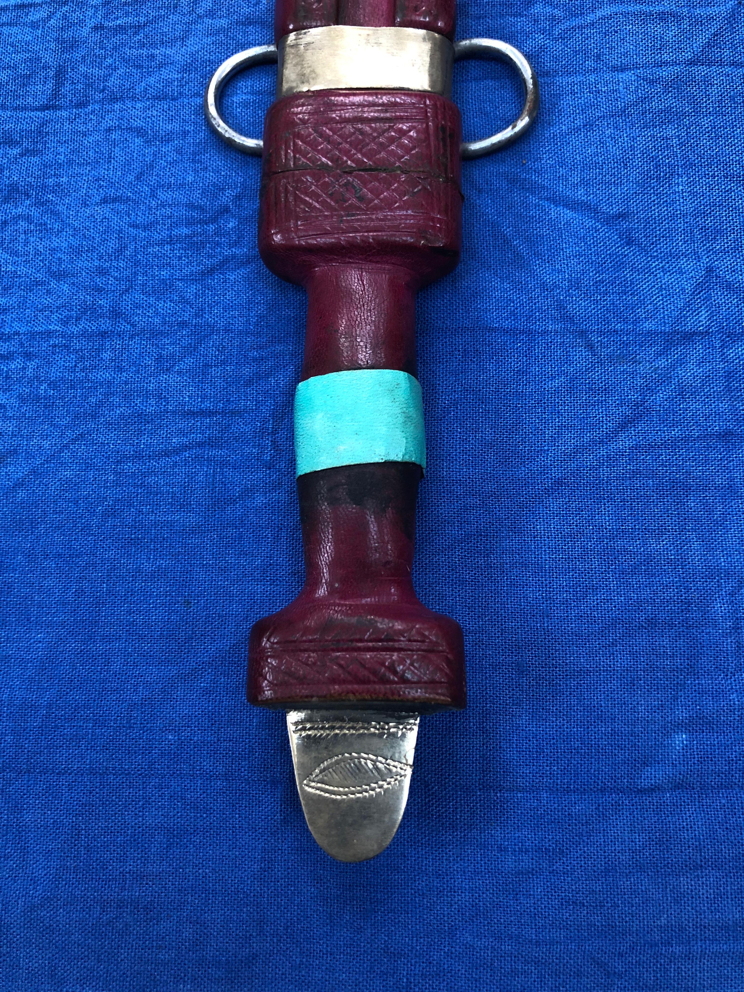 Handmade Vintage Moroccan Tuareg Dagger - Etched Silver, Stamped Leather  In Good Condition For Sale In Vineyard Haven, MA