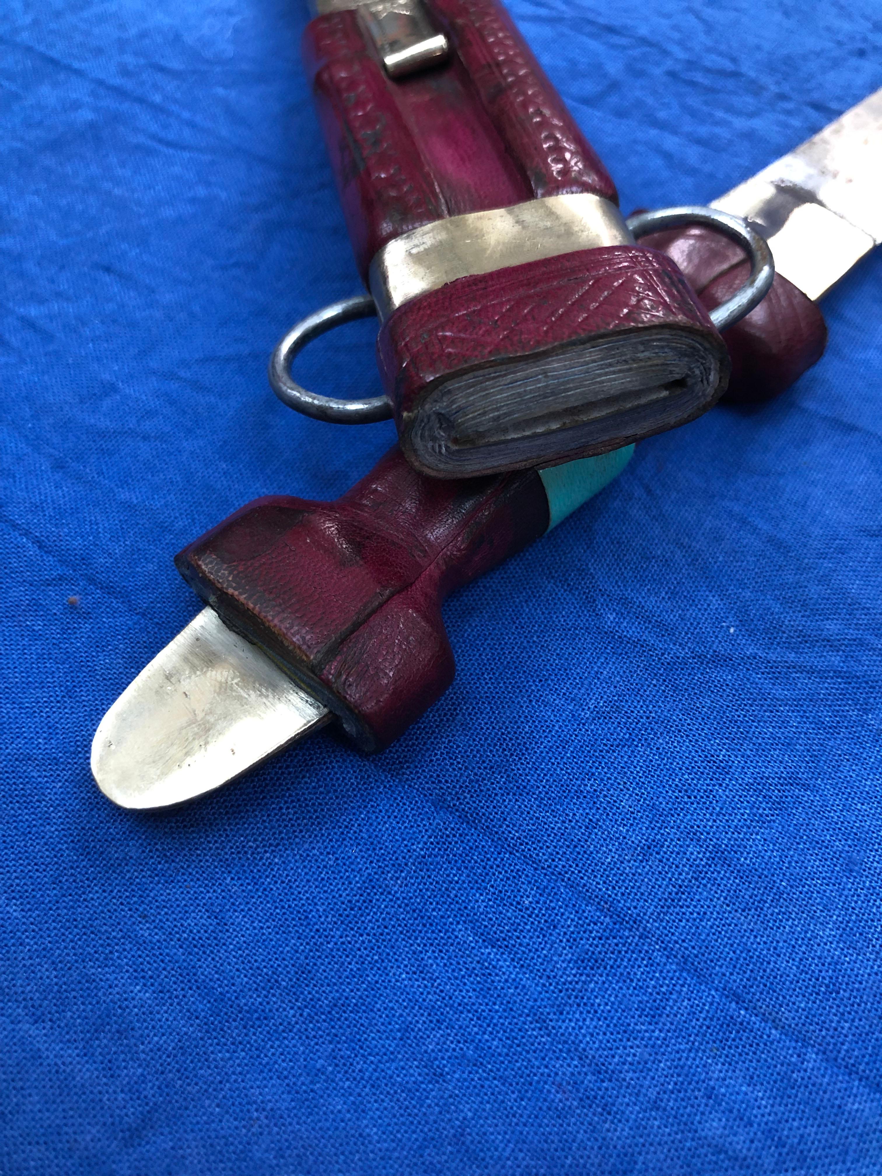 Handmade Vintage Moroccan Tuareg Dagger - Etched Silver, Stamped Leather  For Sale 3