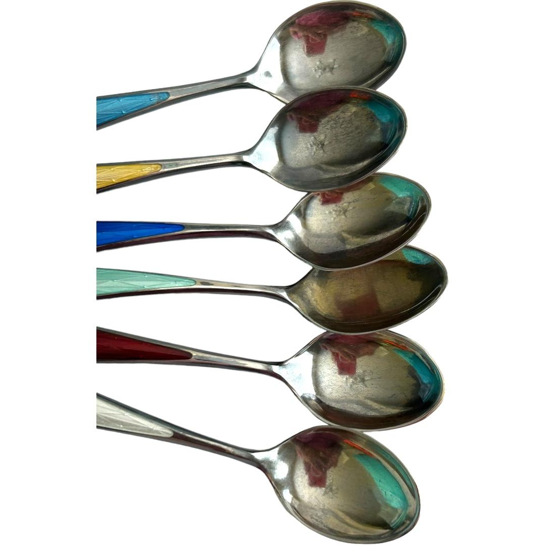 Norwegian Vintage N M Thune Norway Sterling Silver and Enamel Demitasse Spoons (6) For Sale