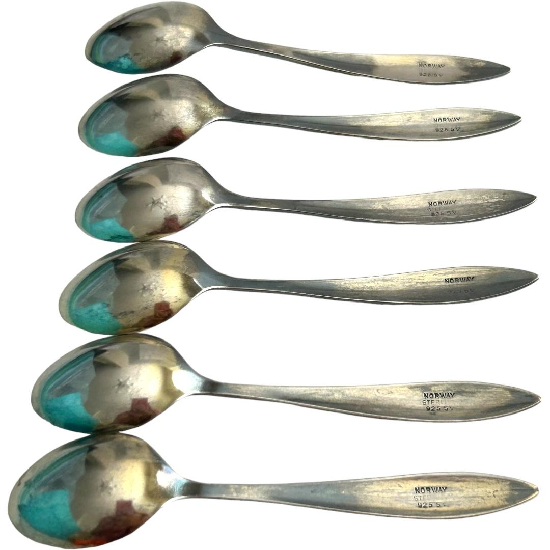 Vintage N M Thune Norway Sterling Silver and Enamel Demitasse Spoons (6) In Good Condition For Sale In Naples, FL