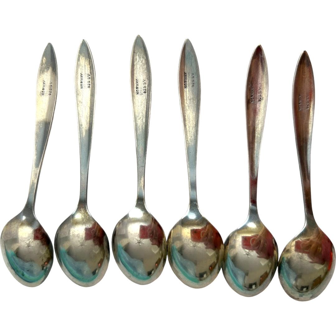 20th Century Vintage N M Thune Norway Sterling Silver and Enamel Demitasse Spoons (6) For Sale