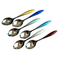 Used N M Thune Norway Sterling Silver and Enamel Demitasse Spoons (6)