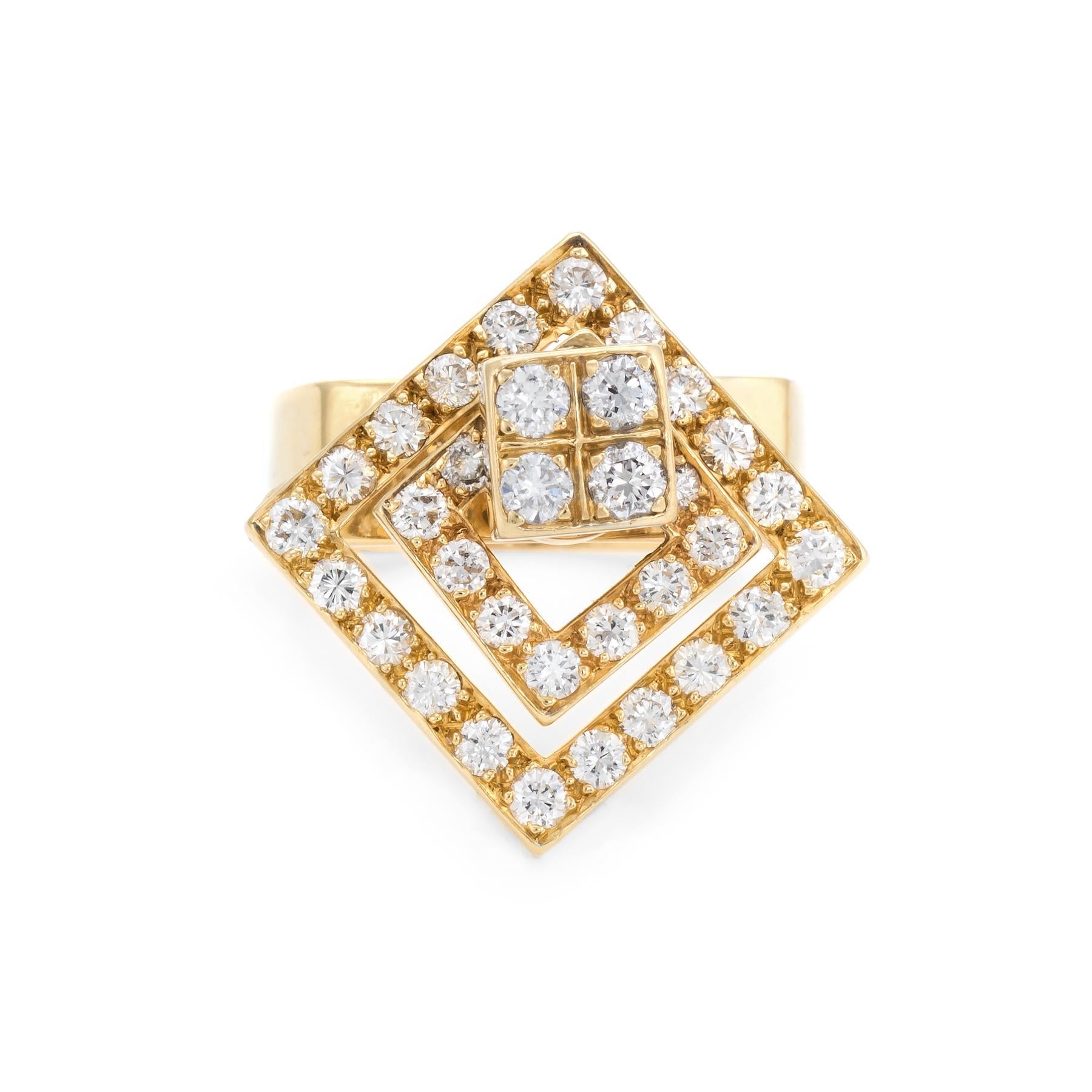 Finely detailed vintage cocktail ring (circa 1960s to 1970s), crafted in 14 karat yellow gold. 

Round brilliant cut diamonds graduate in size from 0.03 to 0.04 carats. The total diamond weight is estimated at 1.06 carats (estimated at H-I color and
