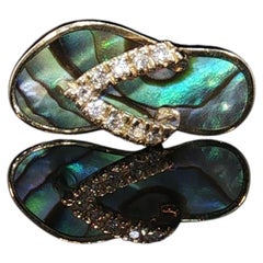 Vintage Na Hoku 14K Gold Diamond Abalone Flip Flop Pendant Charm Hawaii 2.5g