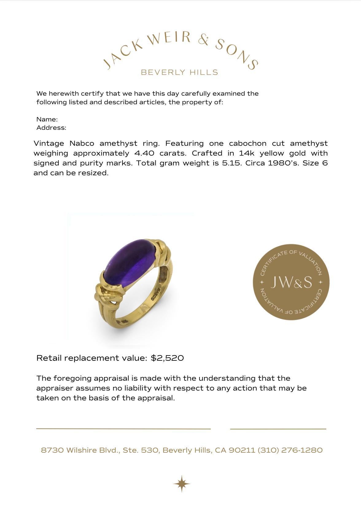 Bague Vintage Nabco 4.40 carat améthyste 14k or jaune en vente 1