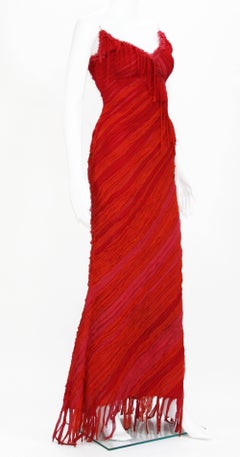Naeem Khan - Robe longue à franges ornée de corail et de soie rouge, taille 6