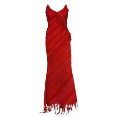 Naeem Khan - Robe longue à franges ornée de corail et de soie rouge, taille 6