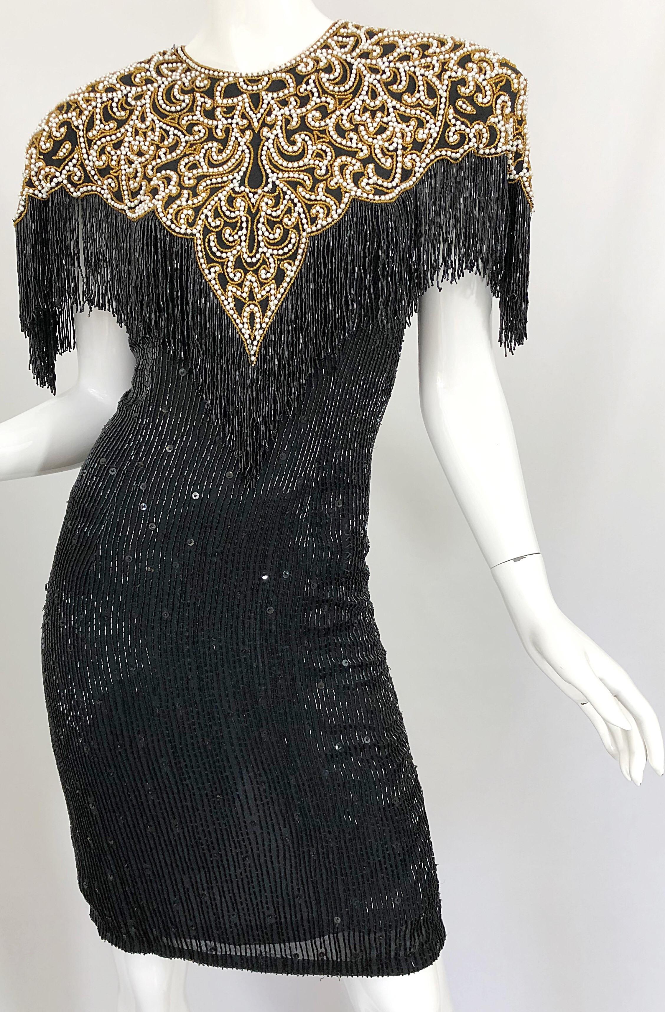 Vintage Naeem Khan Riazee Black Beaded + Pearl Encrusted Fringe Silk Dress 4