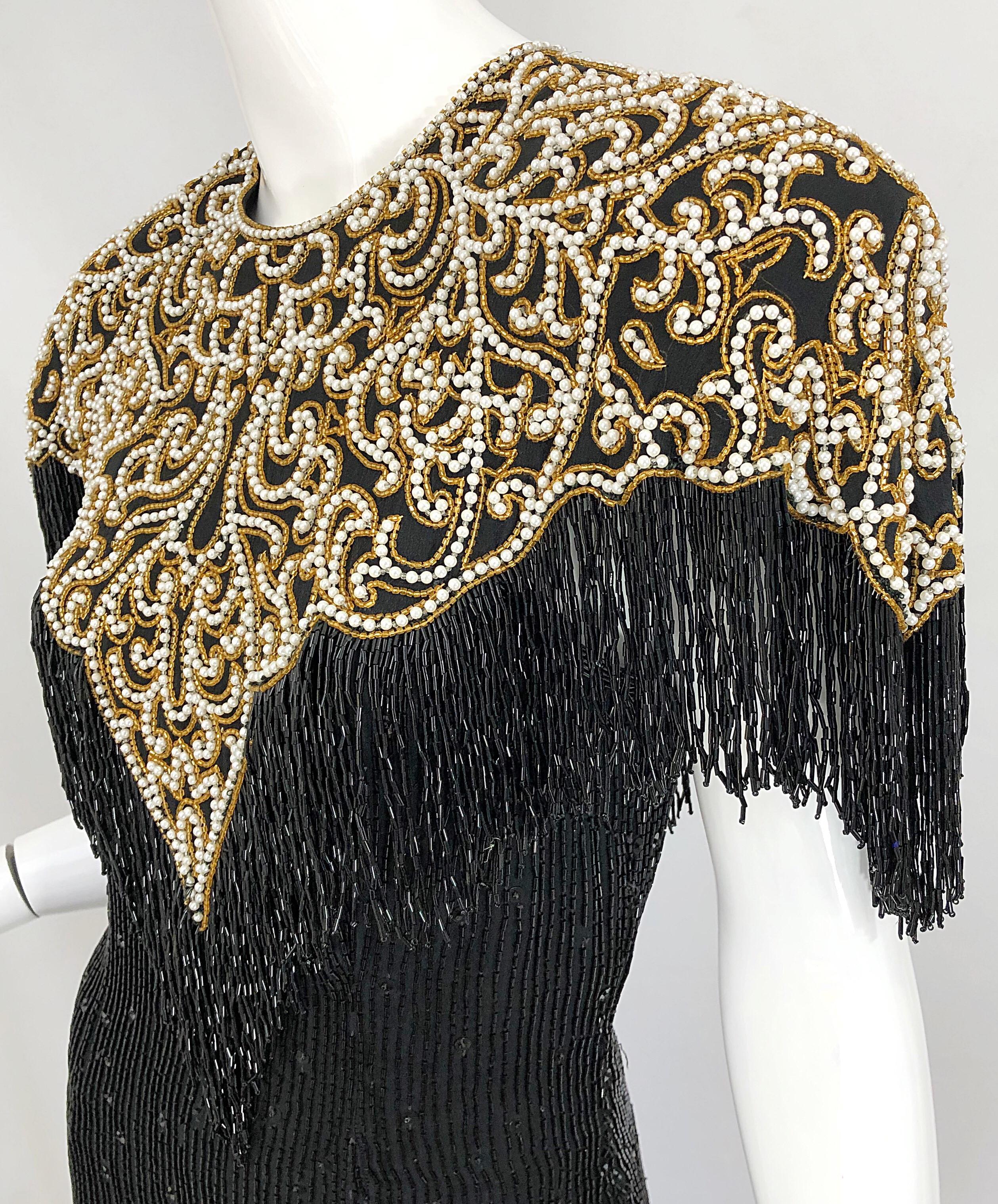 Vintage Naeem Khan Riazee Black Beaded + Pearl Encrusted Fringe Silk Dress 5