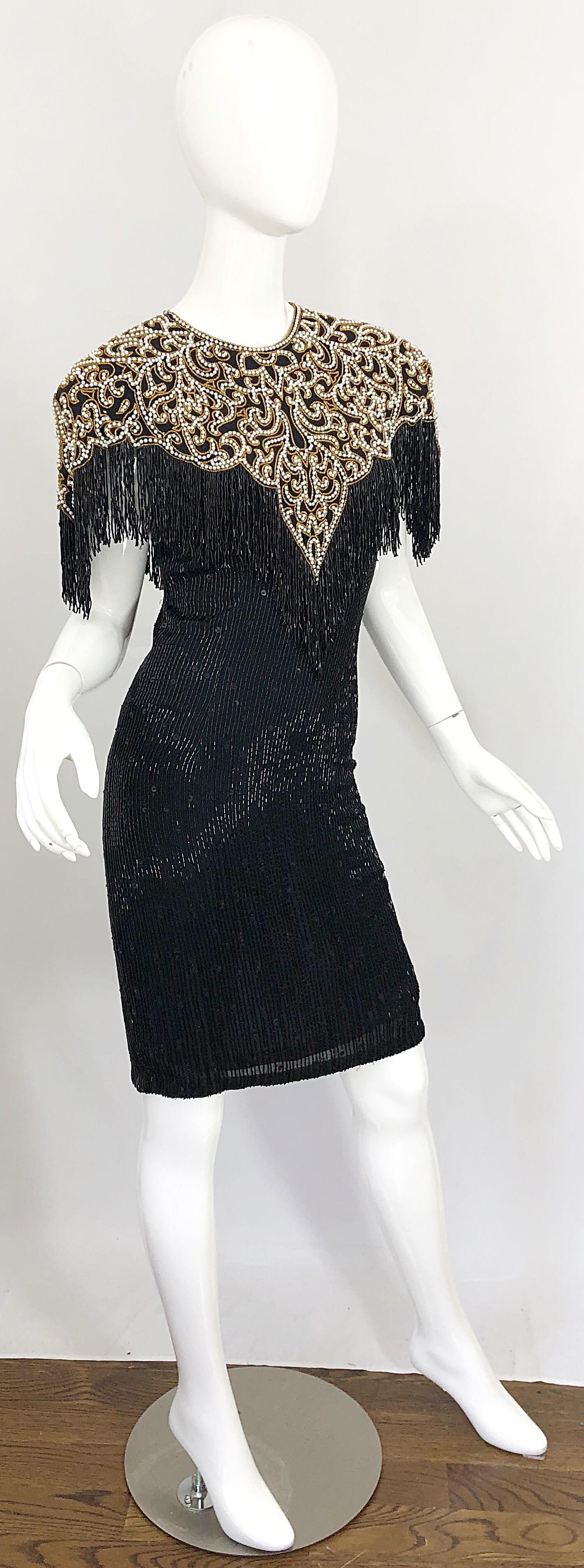 Vintage Naeem Khan Riazee Black Beaded + Pearl Encrusted Fringe Silk Dress 6