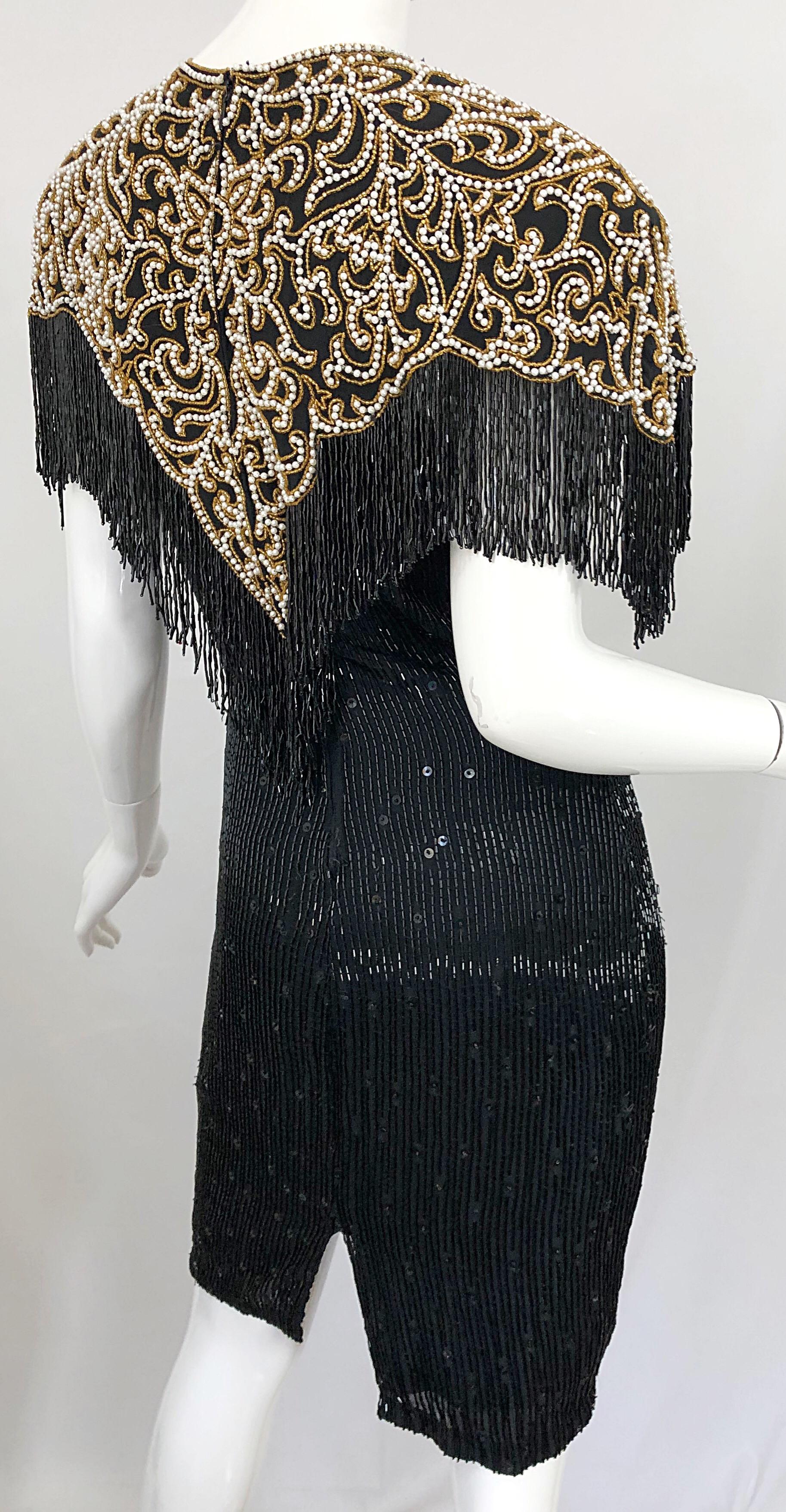 Vintage Naeem Khan Riazee Black Beaded + Pearl Encrusted Fringe Silk Dress 7