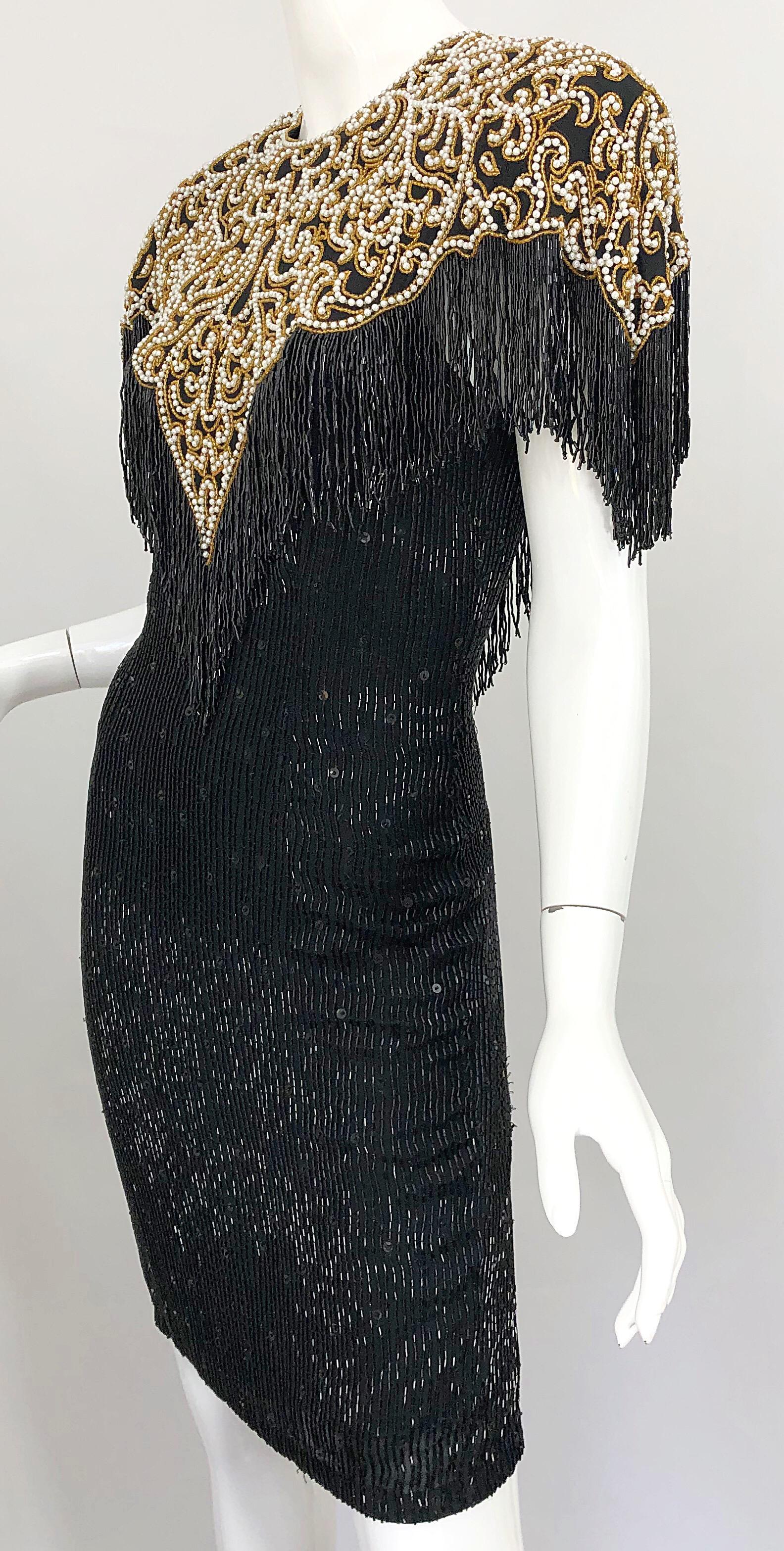 Vintage Naeem Khan Riazee Black Beaded + Pearl Encrusted Fringe Silk Dress 8